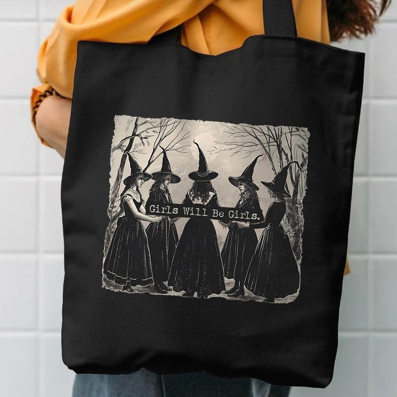 Kimoli Aesthetic Witchy Canvas Tote Bag for Women Funny Witchy Gifts for Women Cute Girls Will Be Girls Canvas Bag Spooky Reusable Beach Shoulder Grocery Casual Bag for Work Travel, Black - Image 5